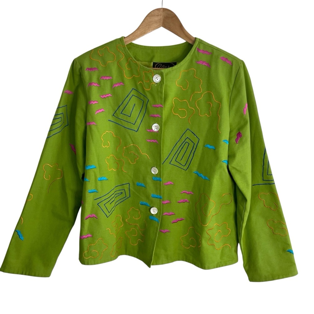 Vintage Alex Kim Lime Green Embroidered Jacket Size Small artsy grannycore y2k